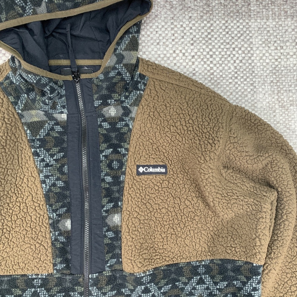Columbia Fleece Jacket Mens XL Brown Geometric Full Zip Hooded AM9521 Rugged